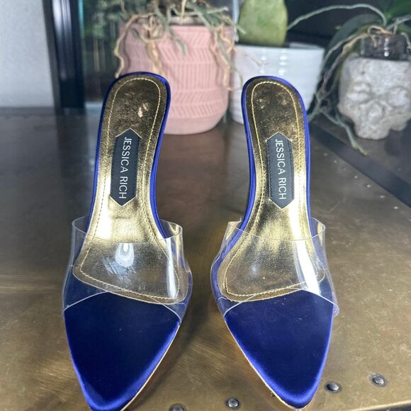 Jessica Rich Stiletto Mules 8 38 Pump Clear Strap Cocktail Formal Chic Navy Blue - Picture 3 of 10